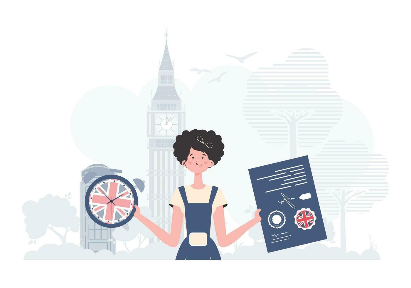 il concetto di apprendimento inglese. donna insegnante Spettacoli quello è tempo per imparare inglese. piatto moderno stile. vettore illustrazione.