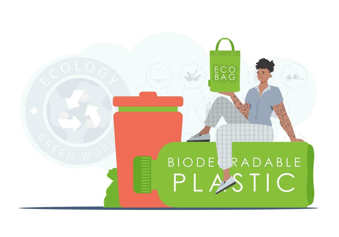 il concetto di ecologia e cura per il ambiente. il tipo si siede su un' bottiglia fatto di biodegradabile plastica e detiene un eco Borsa nel il suo mani. moda tendenza illustrazione nel vettore. vettore