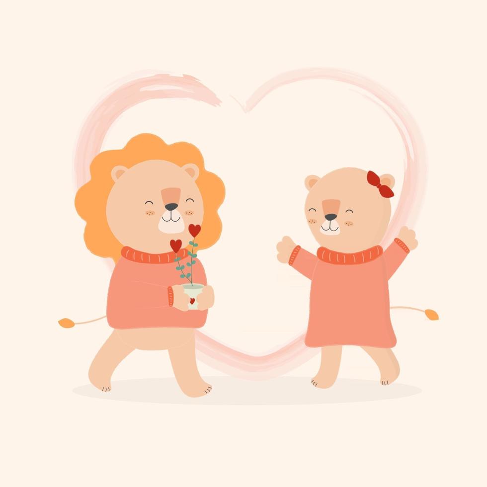 leone e leonessa amano l'illustrazione vettoriale. cartone animato piatto carino felice leone coppia in piedi con l'altro con il fiore. carta di celebrazione di San Valentino. vettore