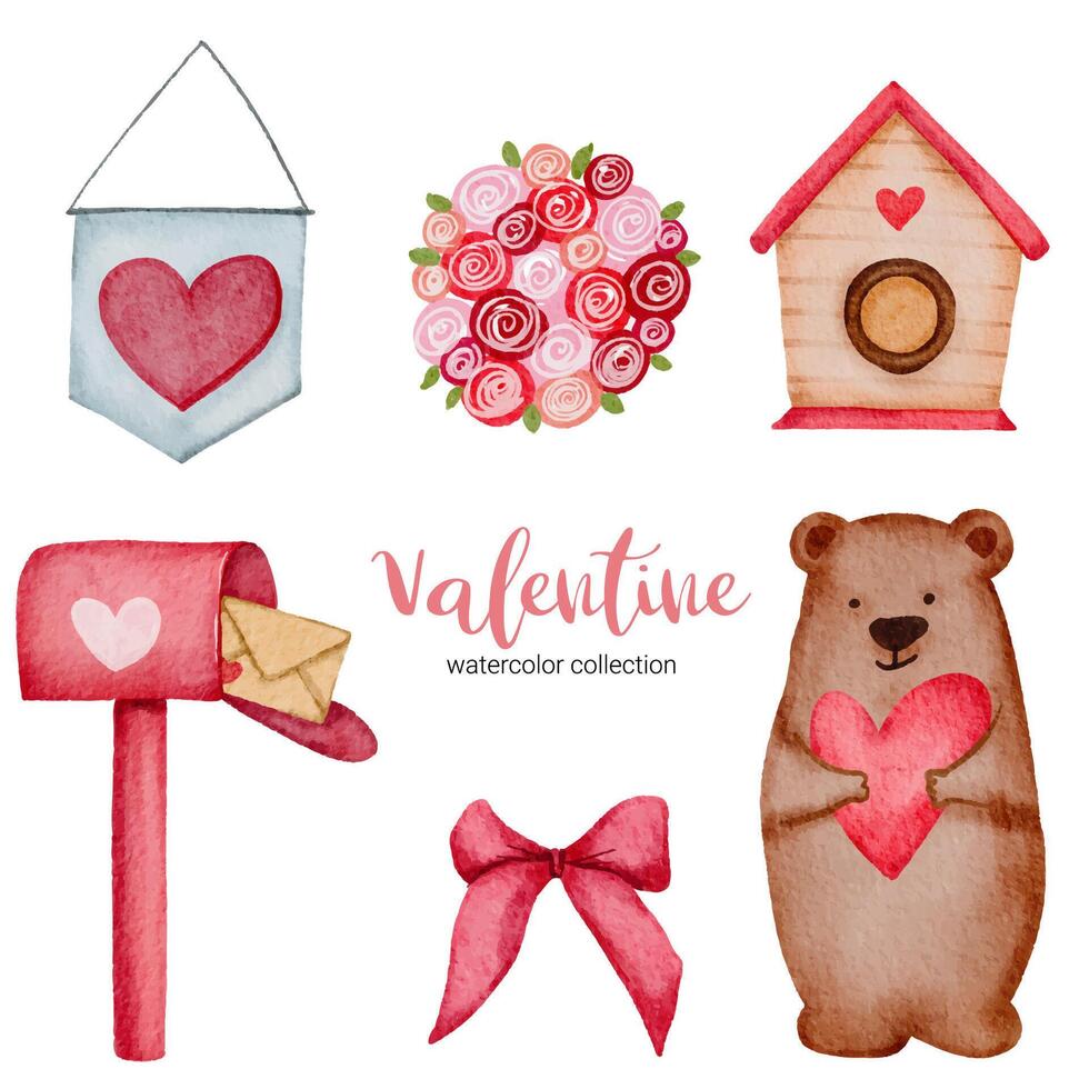 San Valentino imposta elementi rose, nastro, cuore, cassetta delle lettere e altro ancora. modello per kit di adesivi, auguri, congratulazioni, inviti, pianificatori. illustrazione vettoriale