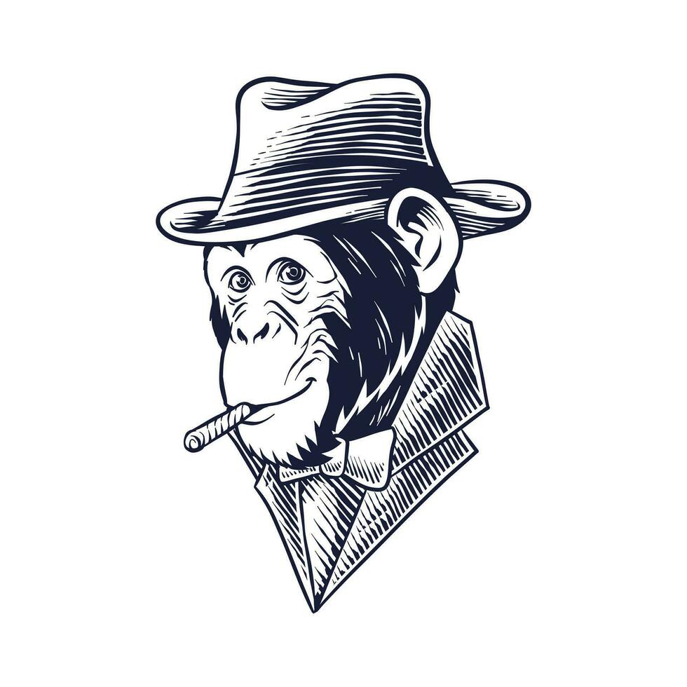 unico scimmia con retrò stile cappello e giacca. Vintage ▾ design per illustrazione logo, maglietta composizione, mano disegnato stile Stampa. vettore illustrazione.