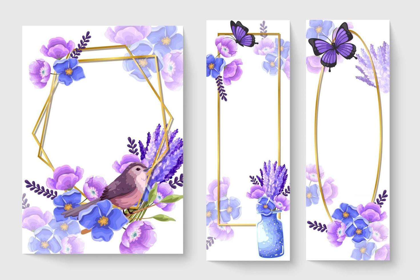 carta botanica con fiori viola, foglie, uccelli. concetto di ornamento di primavera. poster floreale, invito. vettore layout decorativo biglietto di auguri o invito sfondo di progettazione illustrazione disegnata a mano