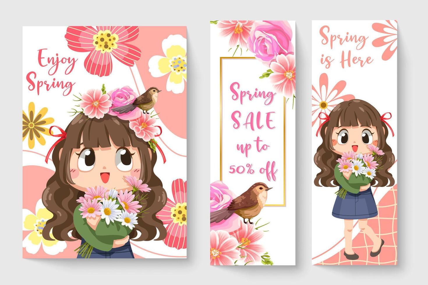 dolce ragazza con uccellino in illustrazione a tema primavera per opere d'arte di moda per bambini, libri per bambini, stampe, t-shirt grafica. vettore