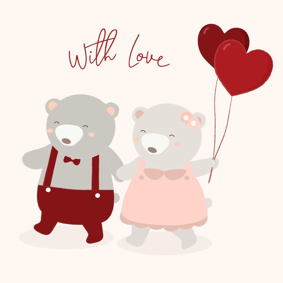 illustrazione vettoriale di orso che tiene la mano con palloncini con illustrazione di amore. due orsi che si tengono per mano. mouse dal design piatto. carta da parati animale.
