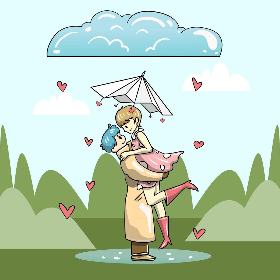 bella giovane coppia sotto un ombrello guardandosi romanticamente in una giornata di pioggia. vettore