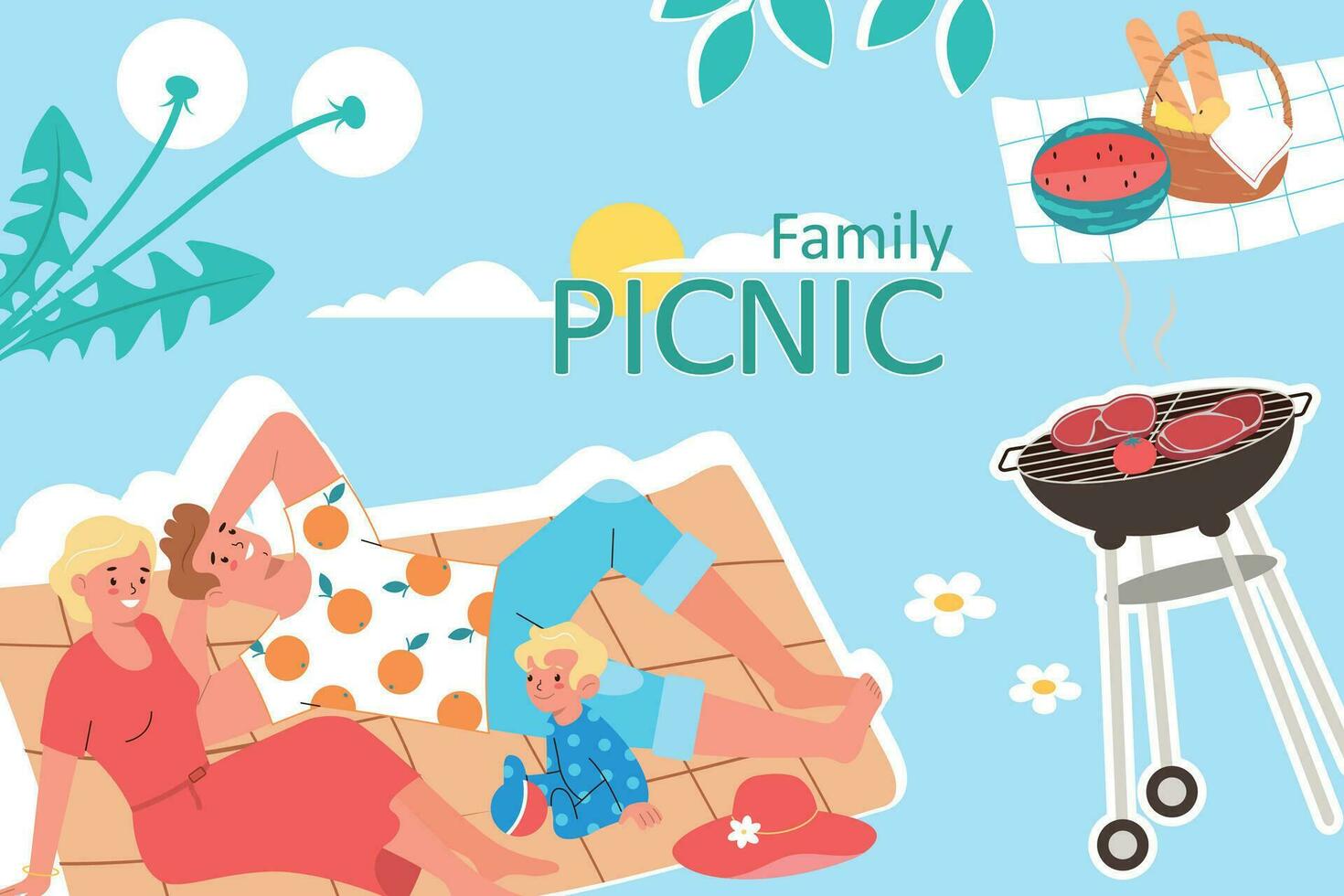 famiglia picnic piatto collage vettore