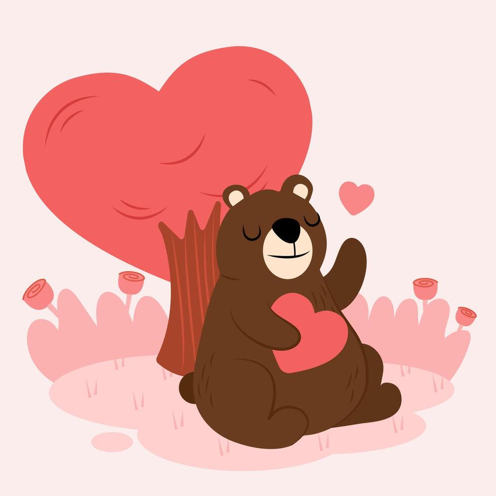 vettore stile cartone animato carattere orso diverse emozioni con amore. isolato con amore e albero sullo sfondo.