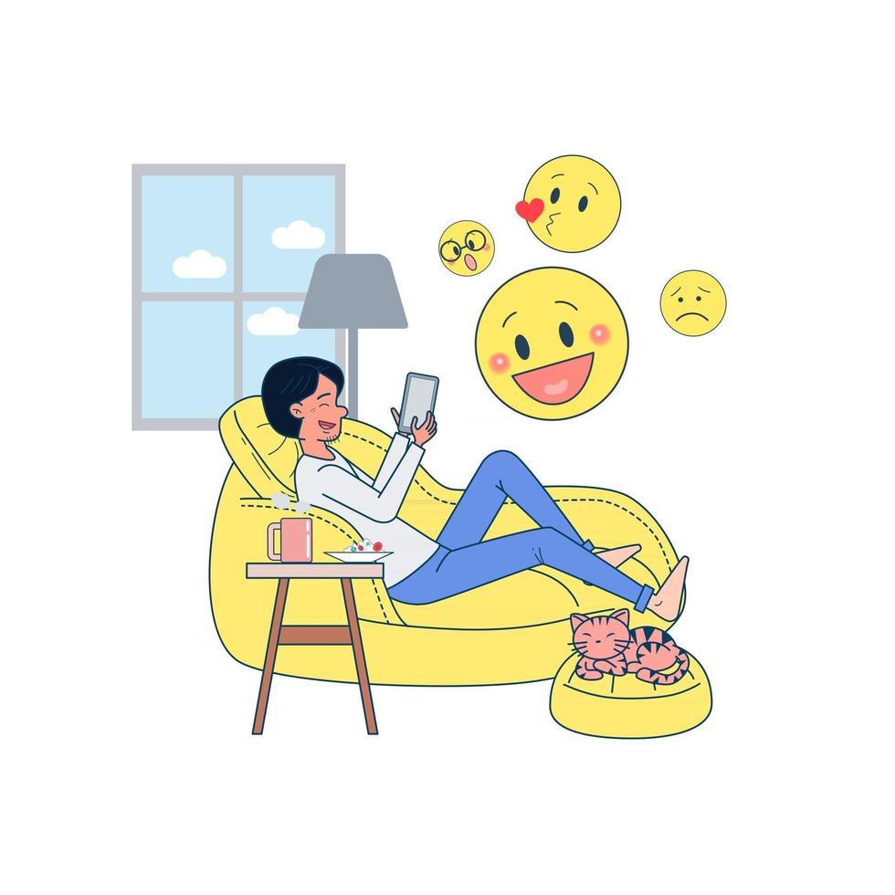 grande giovane isolato sdraiato su un divano di colore giallo utilizzando i social media nel telefono cellulare. personaggio dei cartoni animati illustrazione vettoriale. vettore
