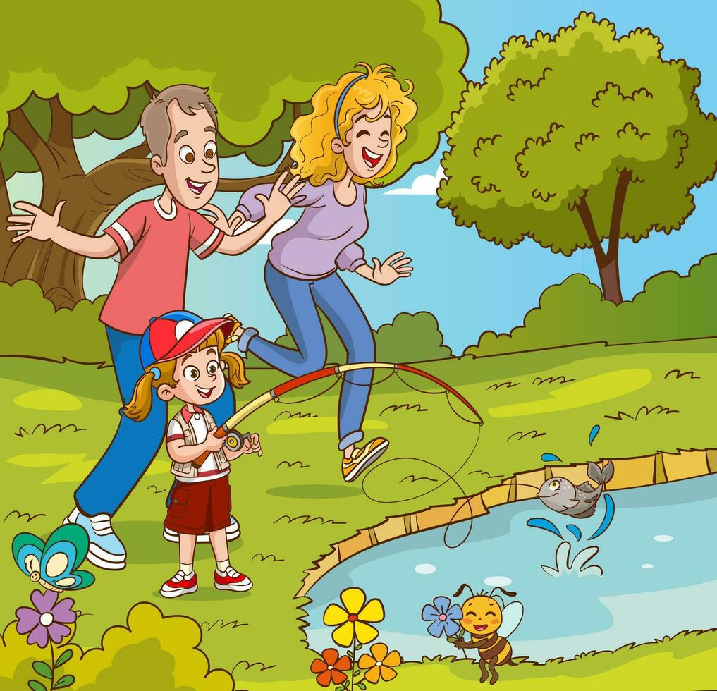 vettore illustrazione di famiglia picnic e campeggio e pesca