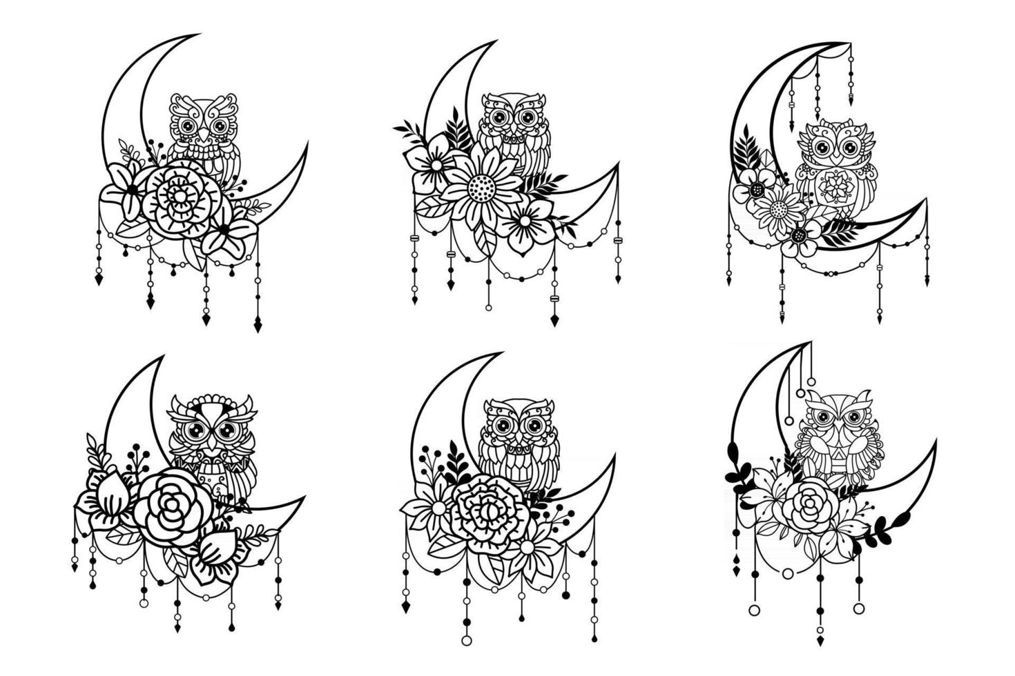 set di illustrazioni di gufo e falce di luna vettore
