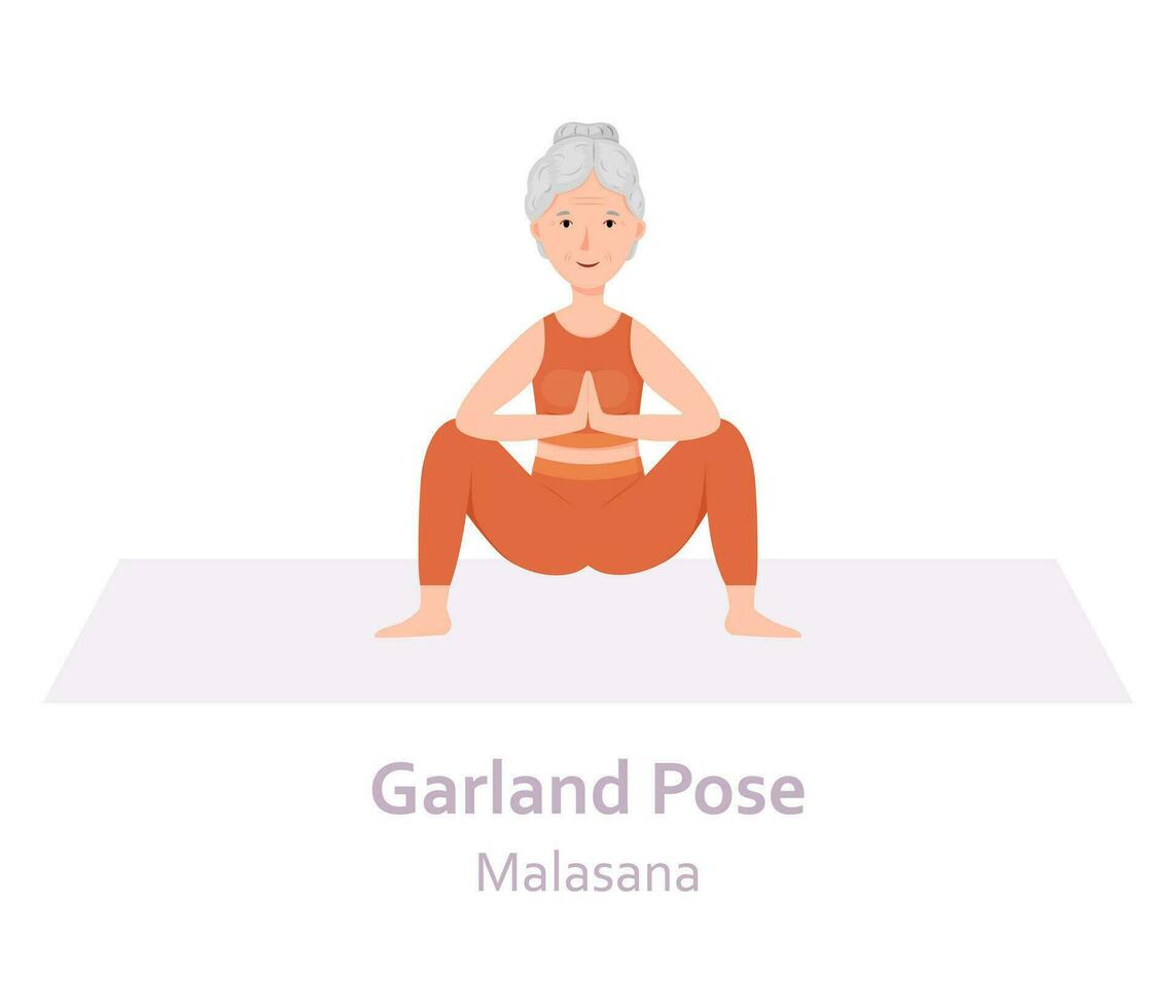 ghirlanda yoga posa. malasana. anziano donna praticante yoga asana. salutare stile di vita. piatto cartone animato carattere. vettore illustrazione