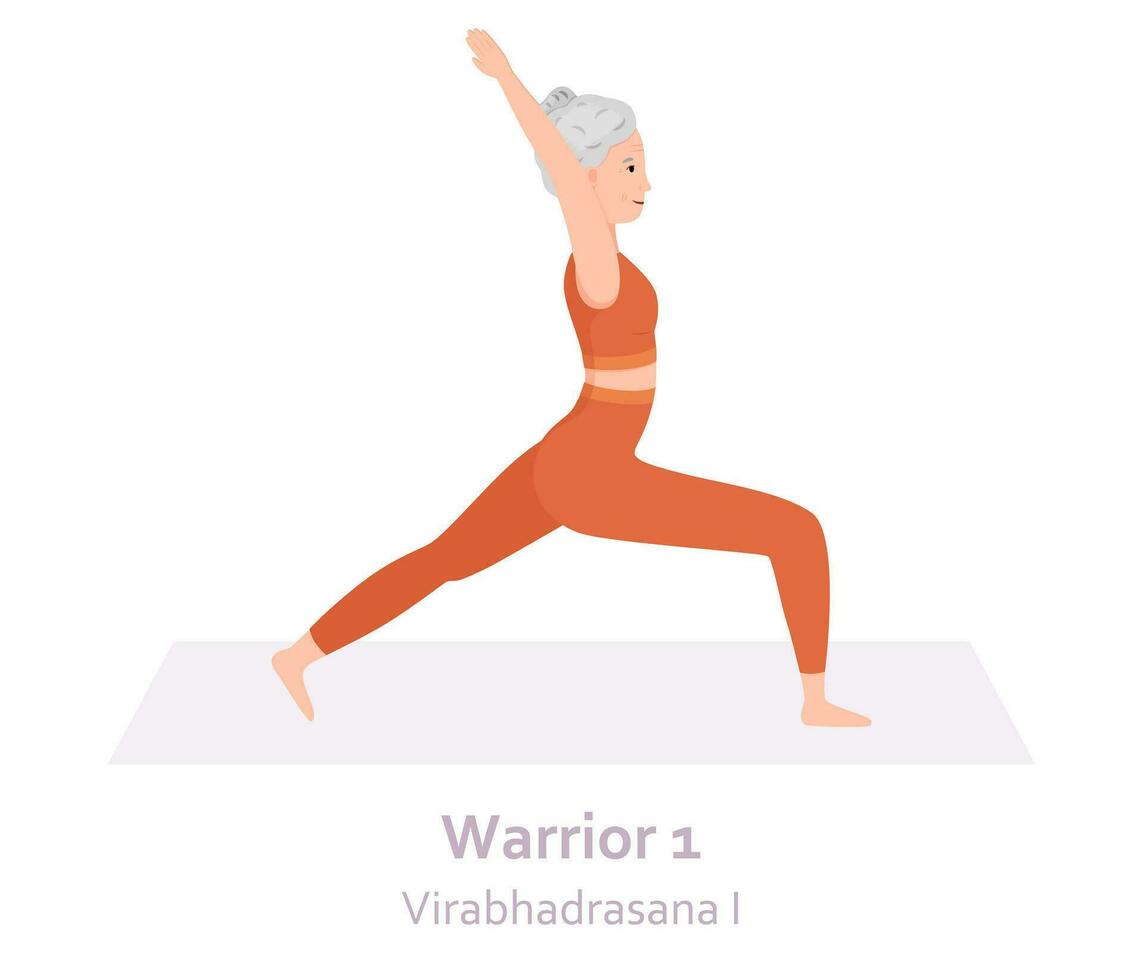 guerriero 1 yoga posa. virabhadrasana io. anziano donna praticante yoga asana. salutare stile di vita. piatto cartone animato carattere. vettore illustrazione