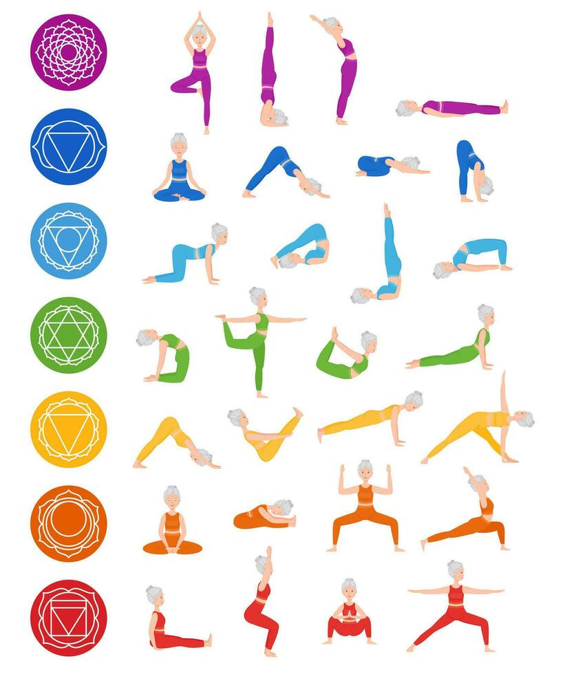 impostato di pose anziano donna yoga. chakra yoga asana. chakra sistemi di umano corpo. salutare stile di vita. piatto cartone animato carattere. vettore illustrazione