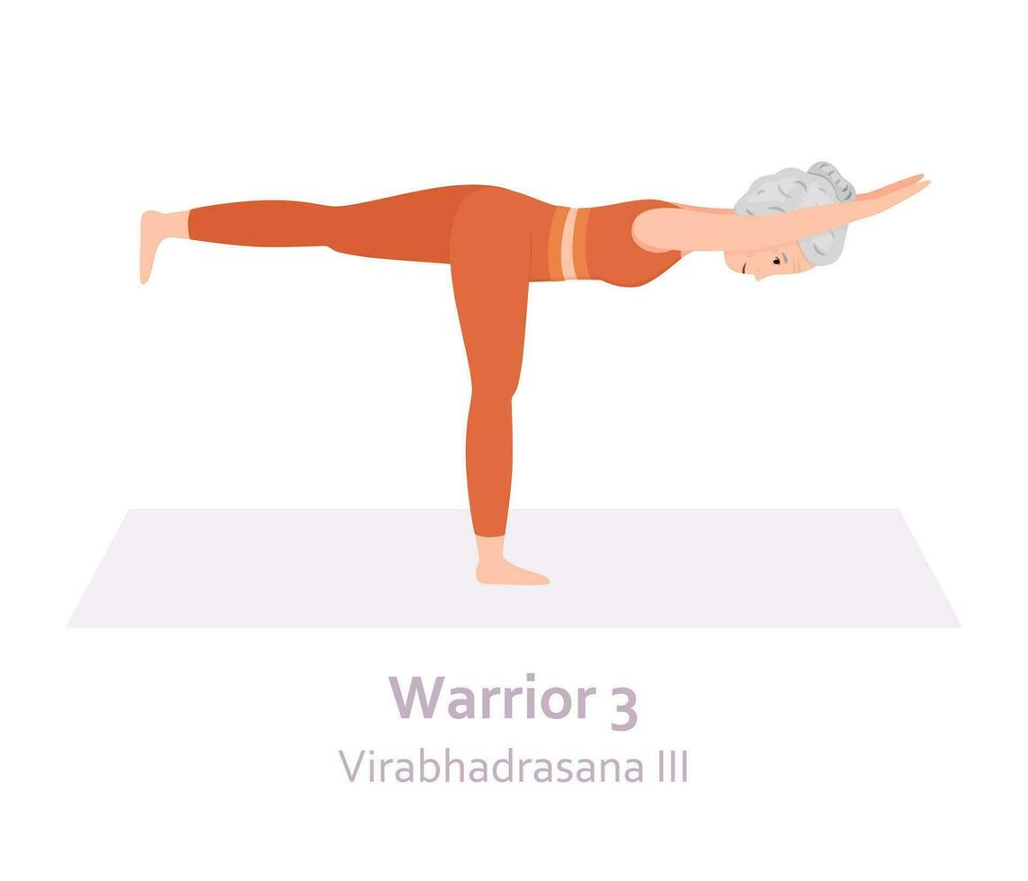 guerriero 3 yoga posa. virabhadrasana iii. anziano donna praticante yoga asana. salutare stile di vita. piatto cartone animato carattere. vettore illustrazione