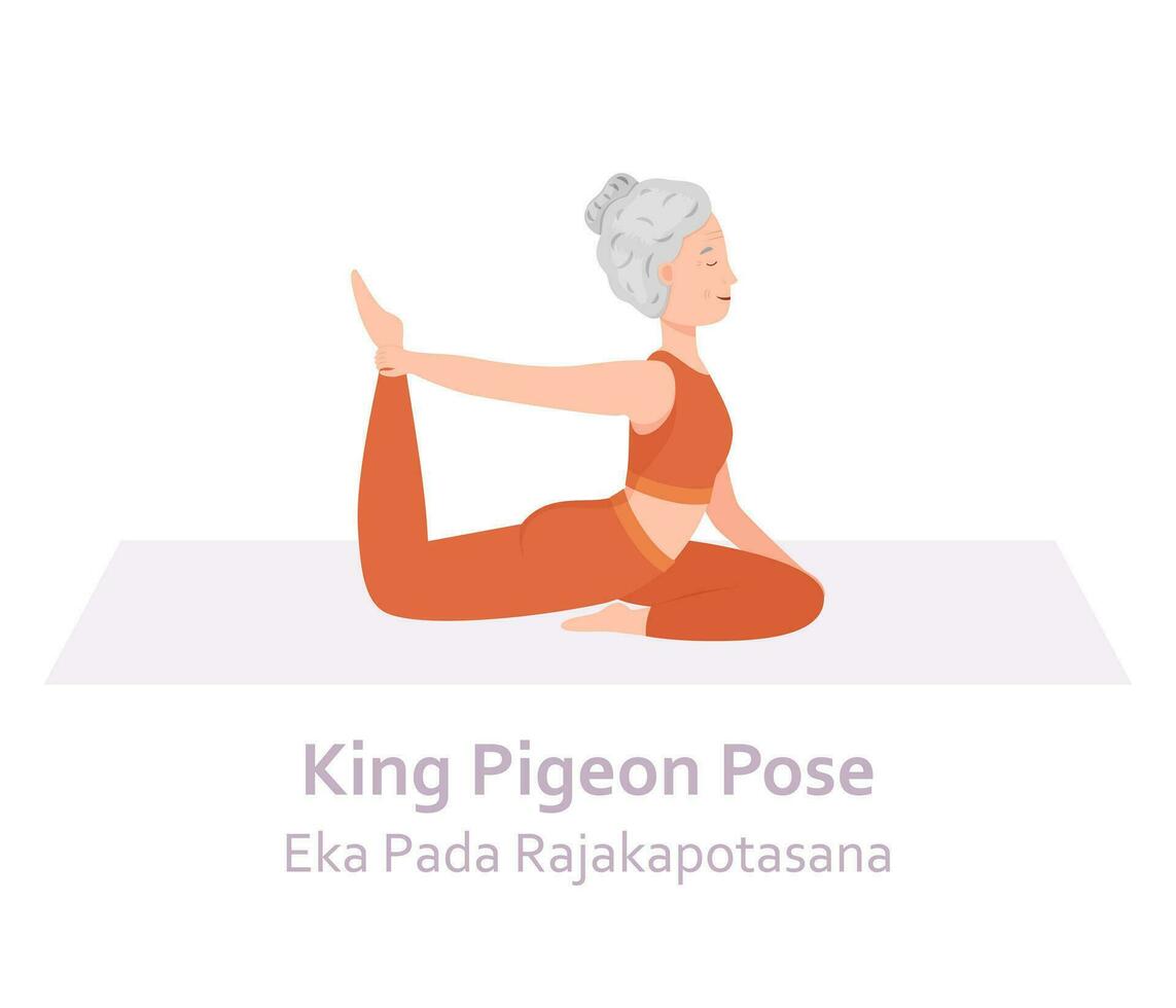 re Piccione yoga posa.eka pada rajakapotasana. anziano donna praticante yoga asana. salutare stile di vita. piatto cartone animato carattere. vettore illustrazione