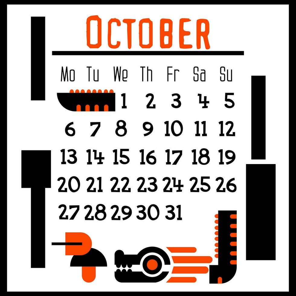 un' piazza calendario pagina per ottobre 2024 con un' carino geometrico Drago. isolato su un' bianca sfondo. il simbolo di il anno di il Drago. Drago con fungo. vettore illustrazione. nero arancia