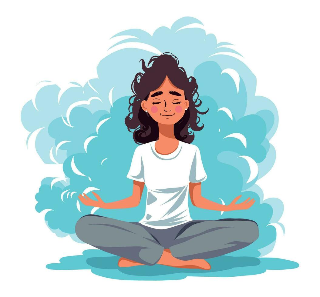 vettore illustrazione piatto illustrazione spirituale consapevolezza carino ragazza Sorridi su sua viso è impegnato nel yoga medita su un' nube nel il cielo
