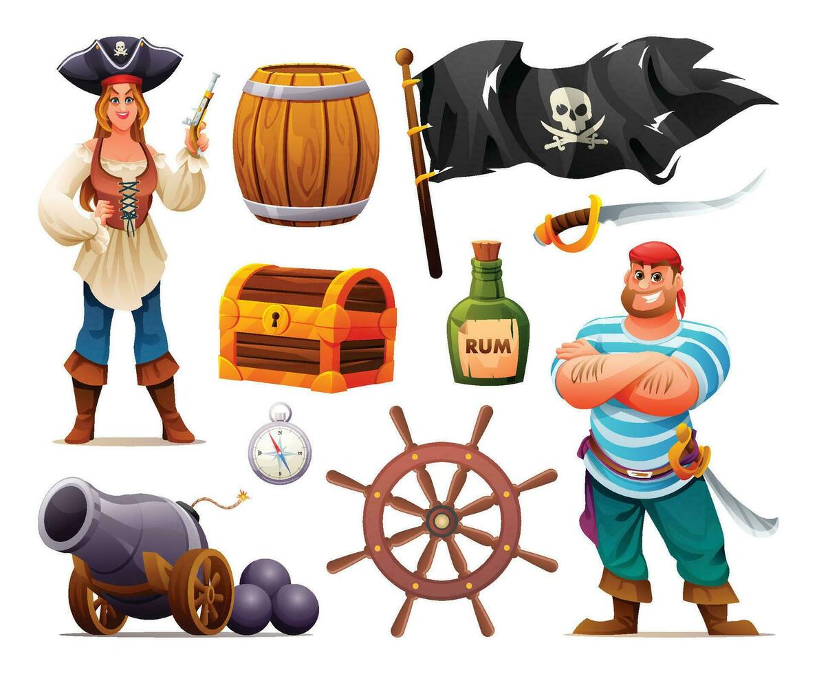 impostato di pirata personaggi, cannone, botte, Tesoro il petto e bandiera. pirata elementi vettore cartone animato illustrazione