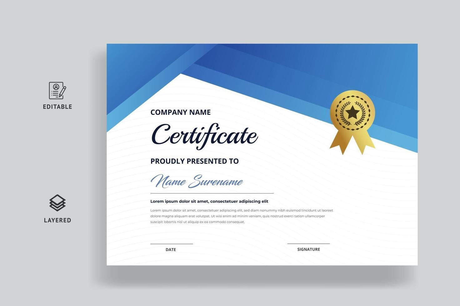 modello di certificato orizzontale con badge di lusso e forma moderna sfumata di colore blu. per il premio e l'istruzione vettore