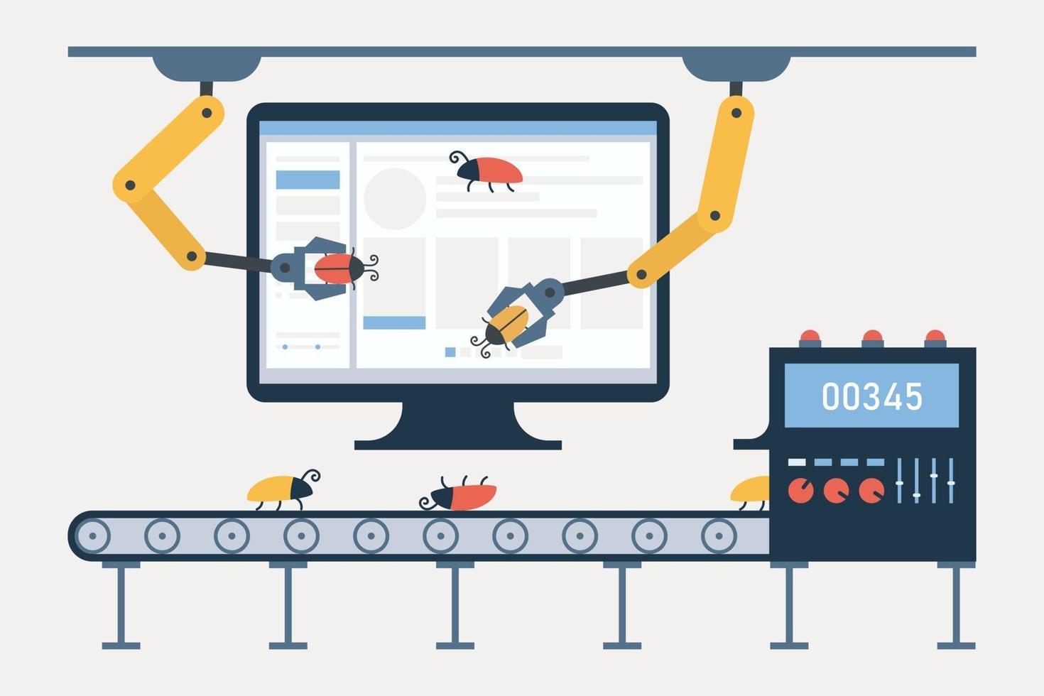 test automatizzati. concetto di tester automatico del software. debugging e garanzia di qualità. computer, trasportatore per insetti, bracci robotici e sistema di tracciamento dei difetti vettore