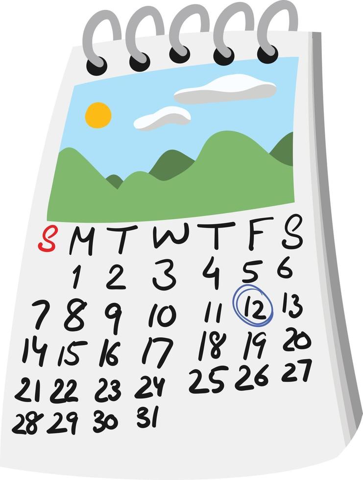 calendario da viaggio in stile cartone animato con data cerchiata e foto di viaggio in alto. vettore