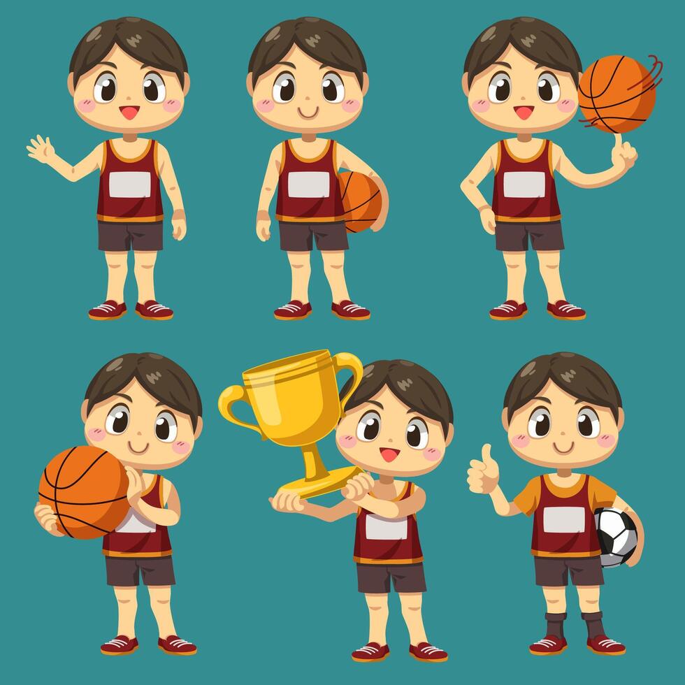 set di sportivo con pallacanestro e calcio nel personaggio dei cartoni animati vettore