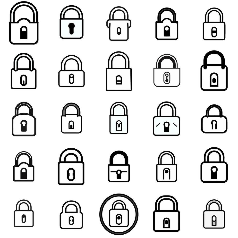 nero schema serratura icona impostato per sicurezza e vita privata temi vettore