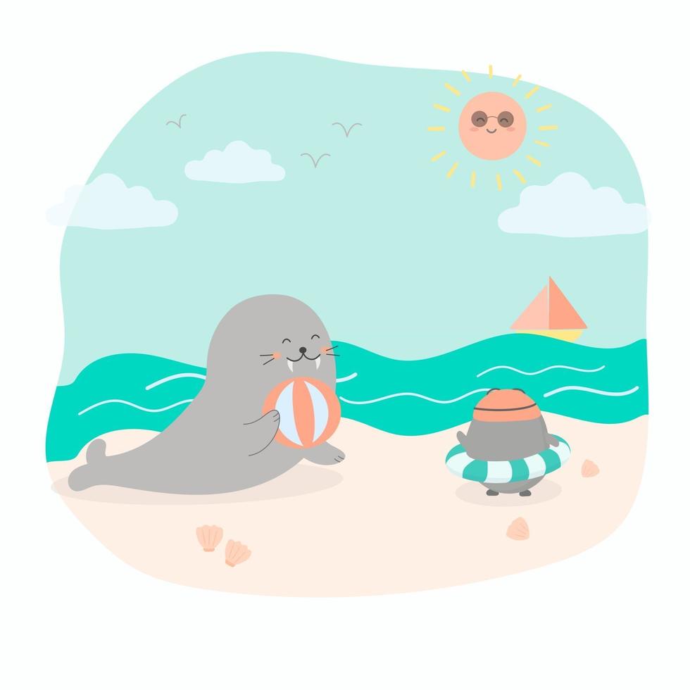 foca e pinguino che giocano con la palla sulla spiaggia vettore