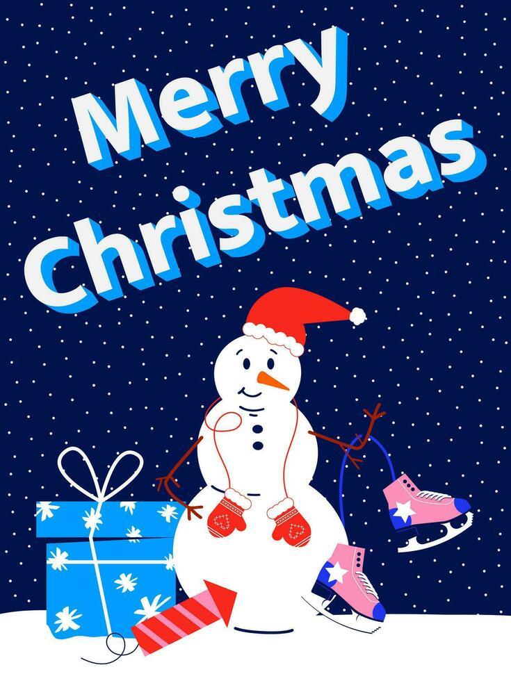 colorato Natale carta con un' pupazzo di neve nel un' Santa Claus cappello e i regali nel un' piatto stile. blu sfondo con neve. vettore