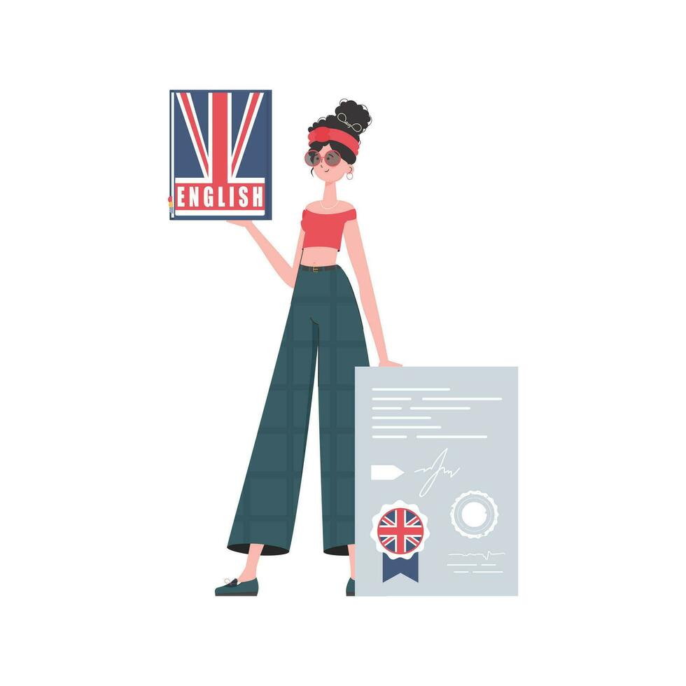 un' donna detiene un inglese dizionario e un' certificato nel sua mani. il concetto di apprendimento inglese. isolato. di moda cartone animato stile. vettore. vettore