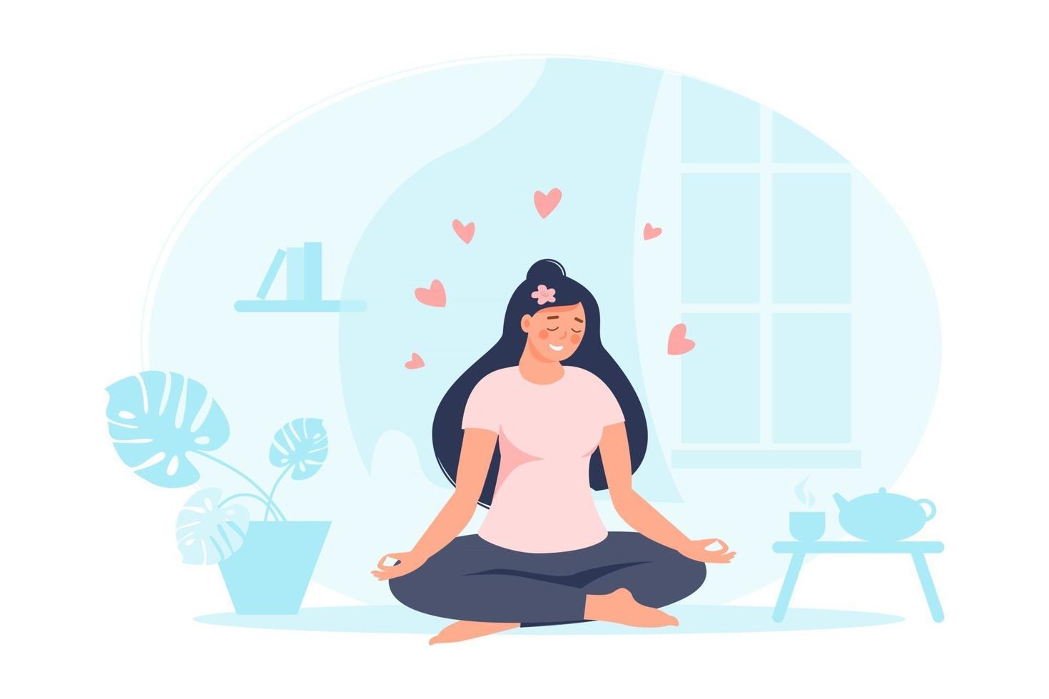 donna seduta nella posa del loto a casa con pianta, teiera, libri, cuori. femmina che pratica yoga. illustrazione piatta vettoriale. concetto di cura di sé e stile di vita sano per banner, landing page, card vettore