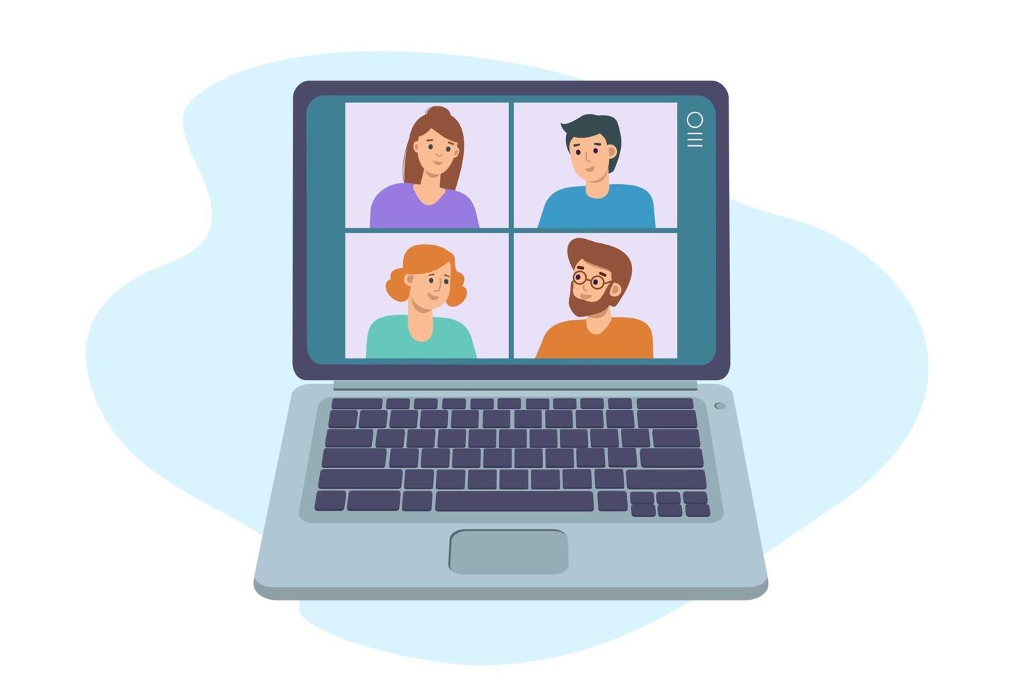 chat di videoconferenza con uomini e donne sul laptop. apprendimento o incontro online con teleconferenza. videoconferenza e illustrazione dell'area di lavoro della riunione online su stile piatto. Educazione a distanza vettore