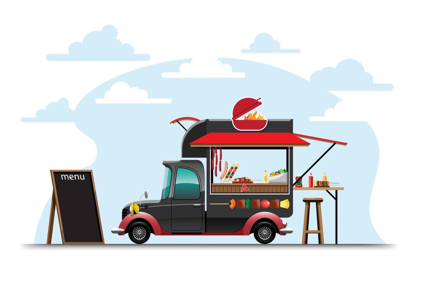 camion di cibo con vettore di disegno del negozio di barbecue