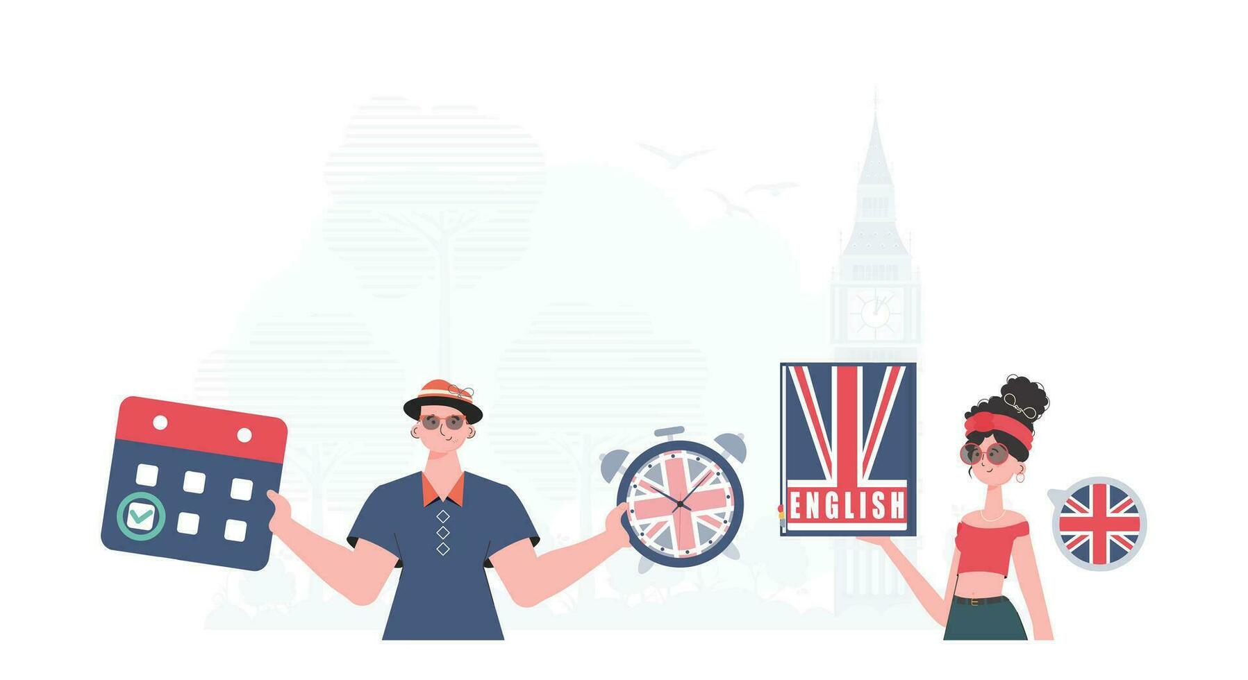 il concetto di apprendimento inglese. uomo e donna inglese insegnante. di moda stile. illustrazione nel vettore. vettore