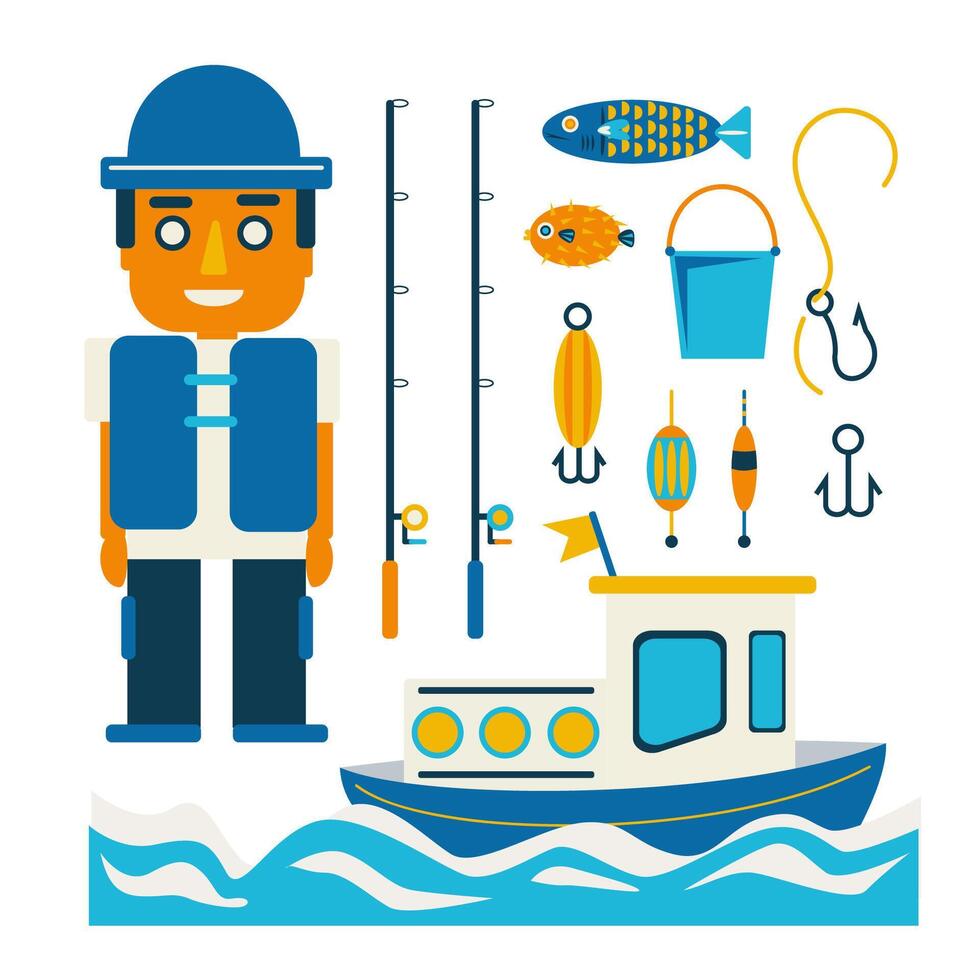 pescatore e barca da pesca e set canna da pesca cartone animato vettore cartoon