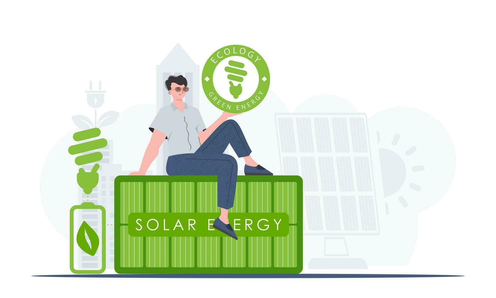 il concetto di ecologia e verde energia. un' uomo si siede su un' solare pannello e detiene il eco logo nel il suo mani. vettore tendenza illustrazione.