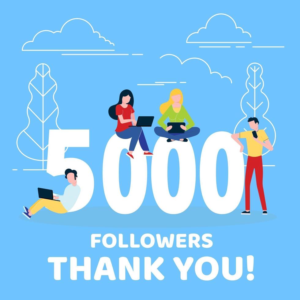 grazie cartolina di numeri di 5000 follower. congratulandosi con gradiente stile piatto gradiente 1k grazie immagine illustrazione vettoriale isolato su sfondo bianco. modello per media Internet e social network