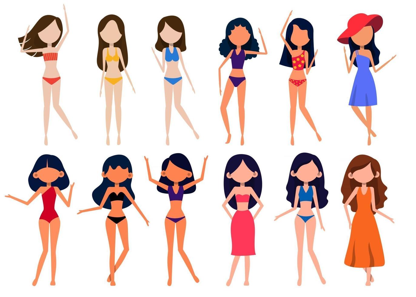 pacchetto di personaggi femminili 4 set, 12 pose di donna in costume da bagno vettore