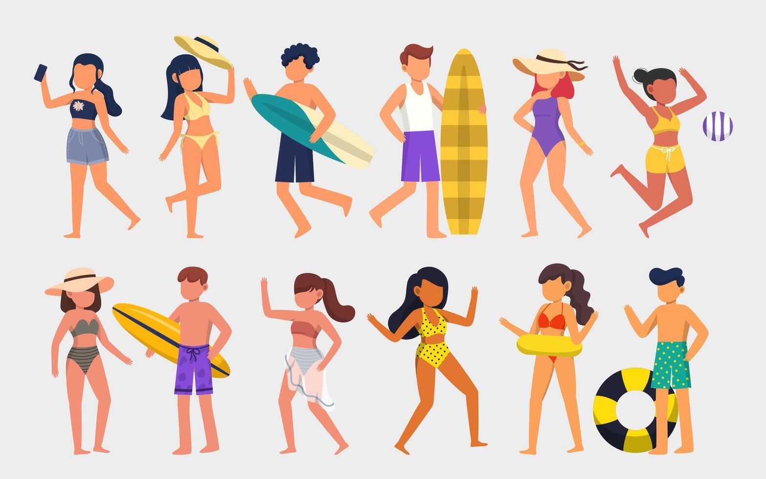 fascio di personaggi uomo e donna 4 set, 12 pose di donna in costume da bagno con attrezzatura vettore
