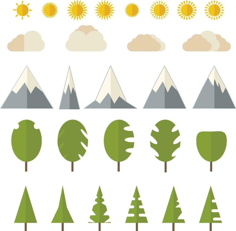di base elementi per gioco cartone animato alberi nuvole sole vettore