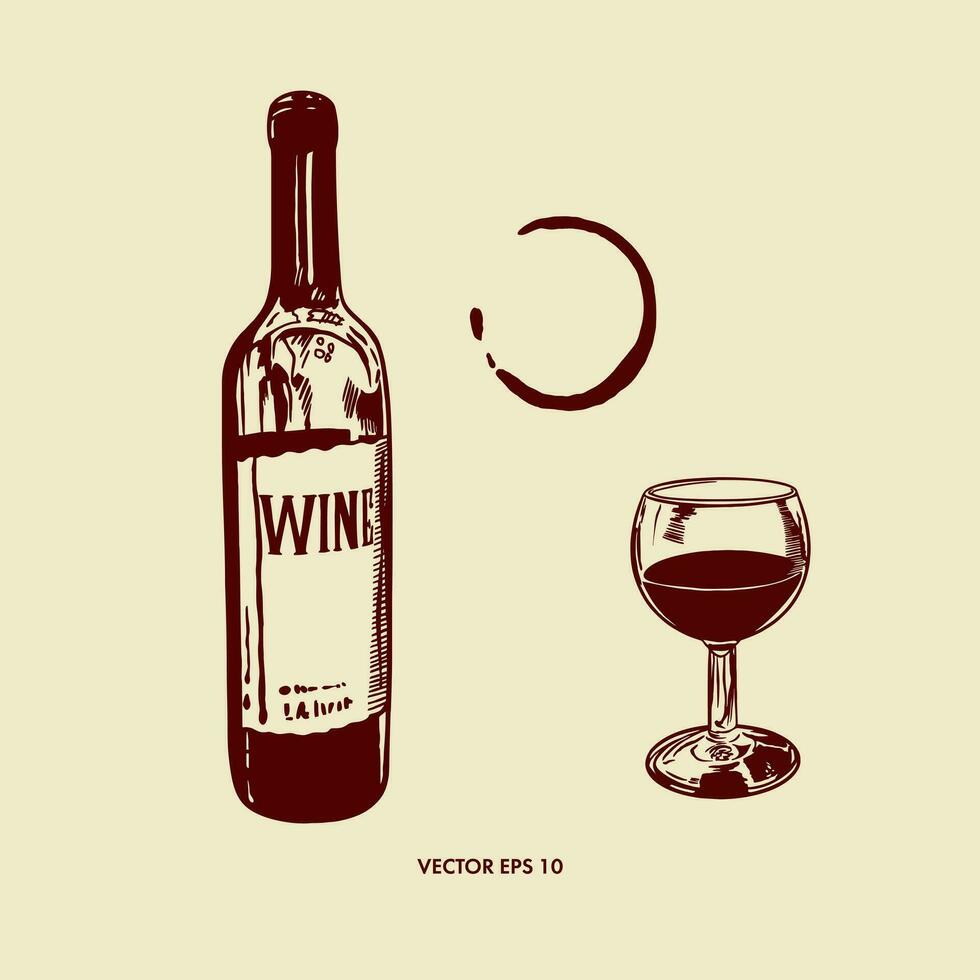 un' bottiglia di rosso vino, un' bicchiere calice, un' tracciare a partire dal un' bicchiere di bere. vettore illustrazione nel grafico stile. design elemento per menu, vino liste, etichette, striscioni, volantini.