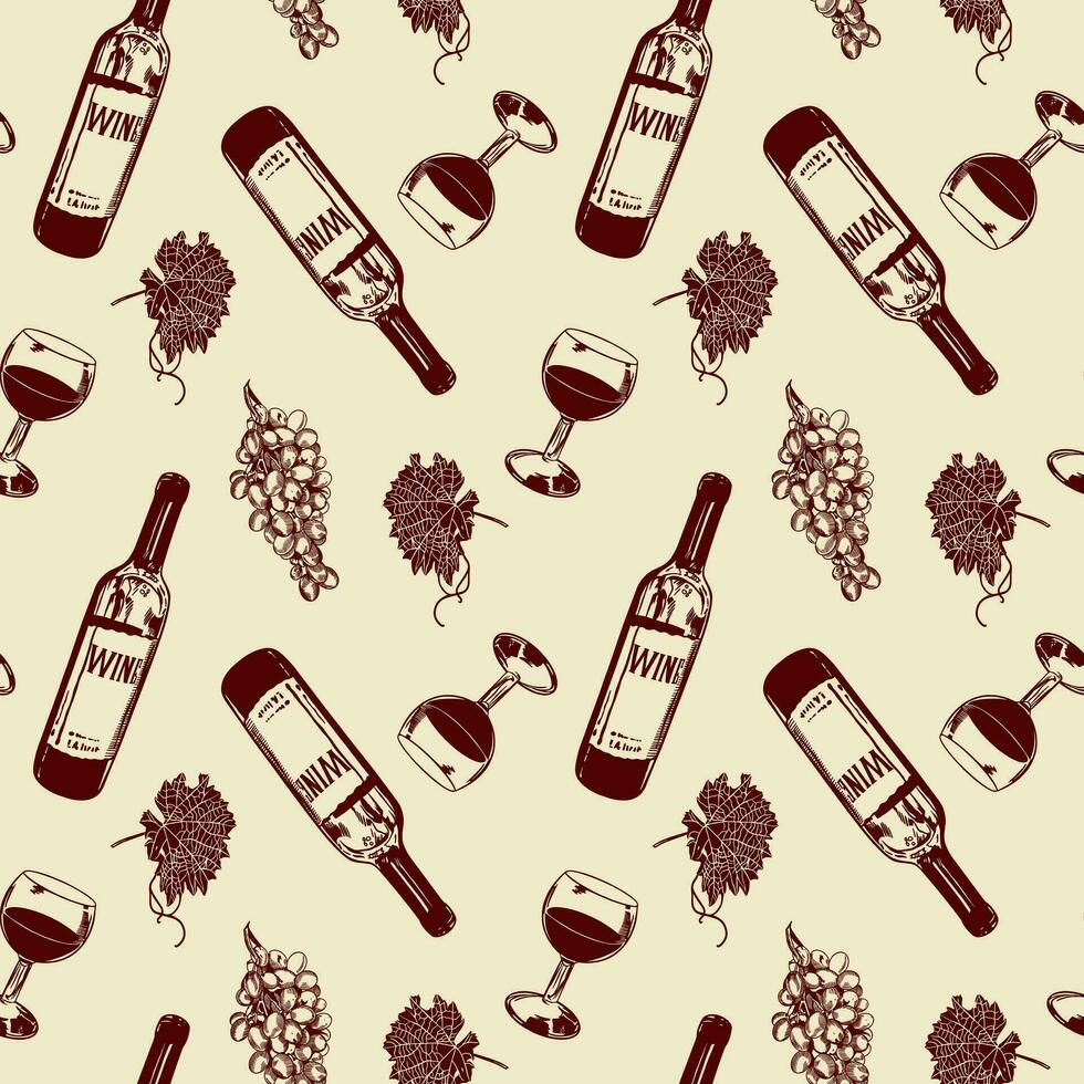 bottiglia e bicchiere di rosso vino, vite, le foglie. vettore illustrazione di senza soluzione di continuità modello. design elemento per menu, vino liste, etichette, striscioni, volantini, involucro carta.