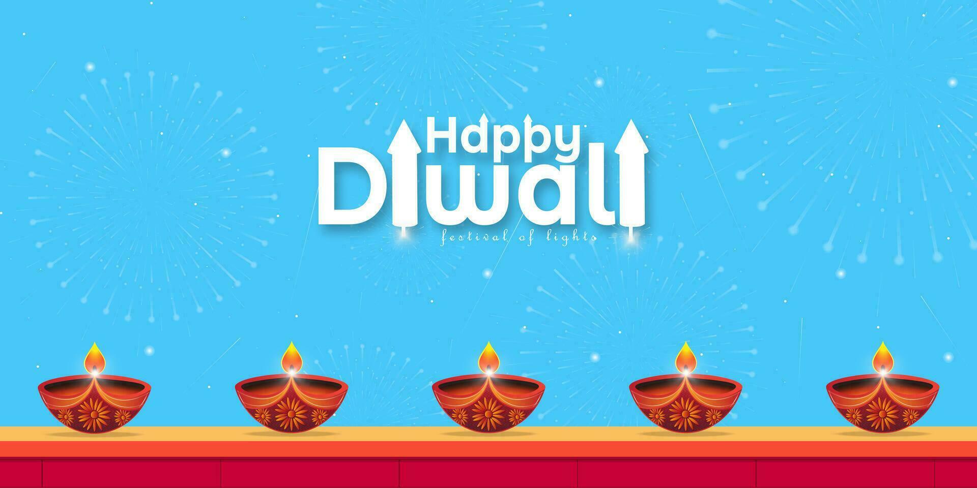 contento Diwali Festival di luci sfondo. petardi scoppiando nel blu cielo con diya foderato su su rosso mattone parete nel contento Diwali Festival. vettore