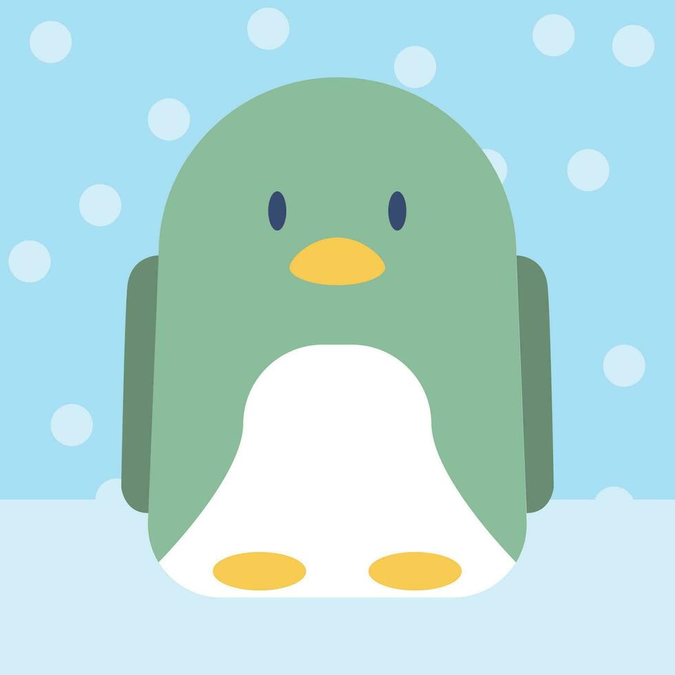 pinguino illustrazione vettore, carino pinguino carattere, verde pinguino su ghiaccio e nevicando cielo, adatto per bambini storia personaggio disegno, e scuola materna manifesti e sociale media inverno messaggi e banner vettore