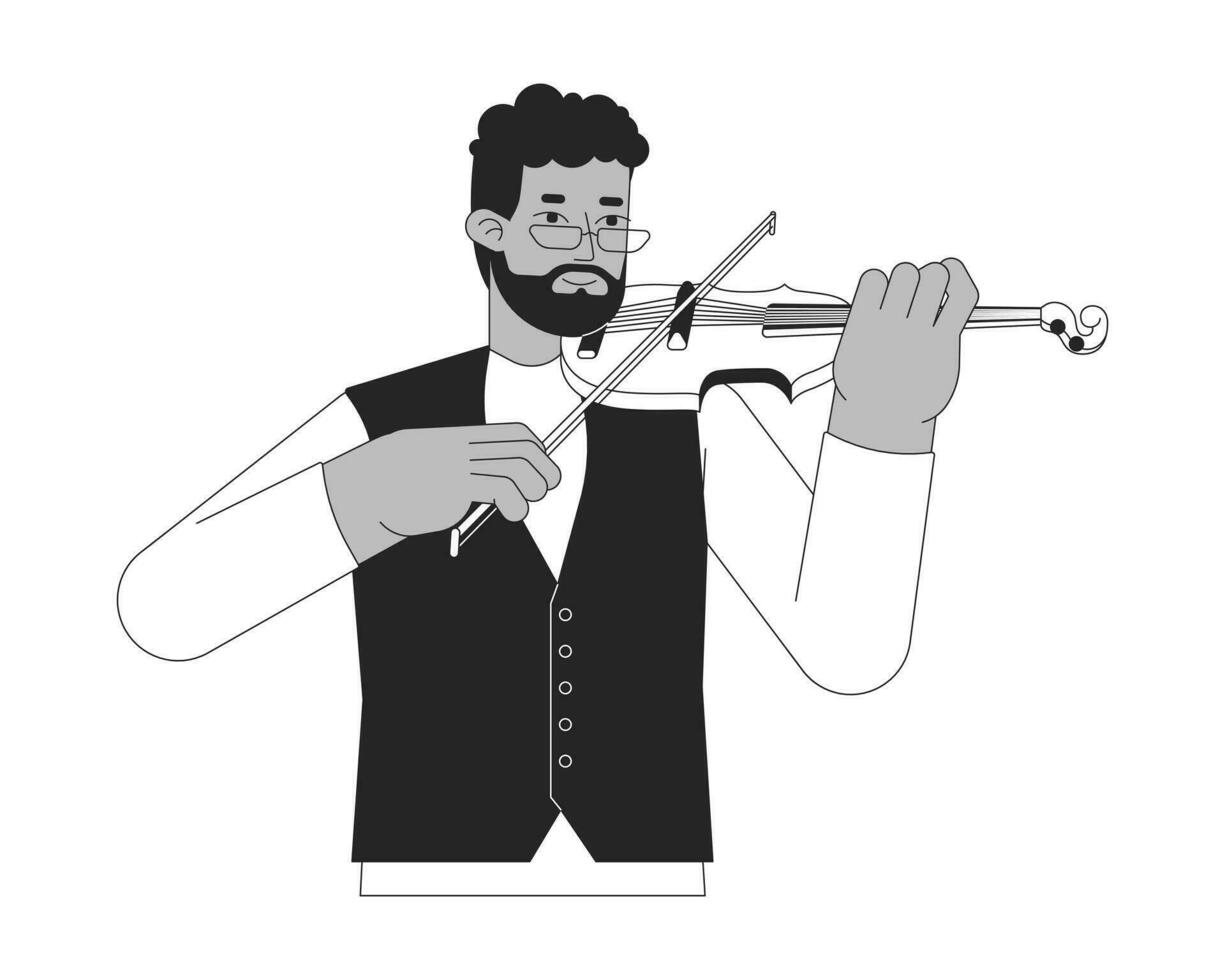 violinista giocando con violino arco nero e bianca 2d linea cartone animato carattere. africano americano barbuto uomo violino giocatore isolato vettore schema persona. l'esecuzione monocromatico piatto individuare illustrazione