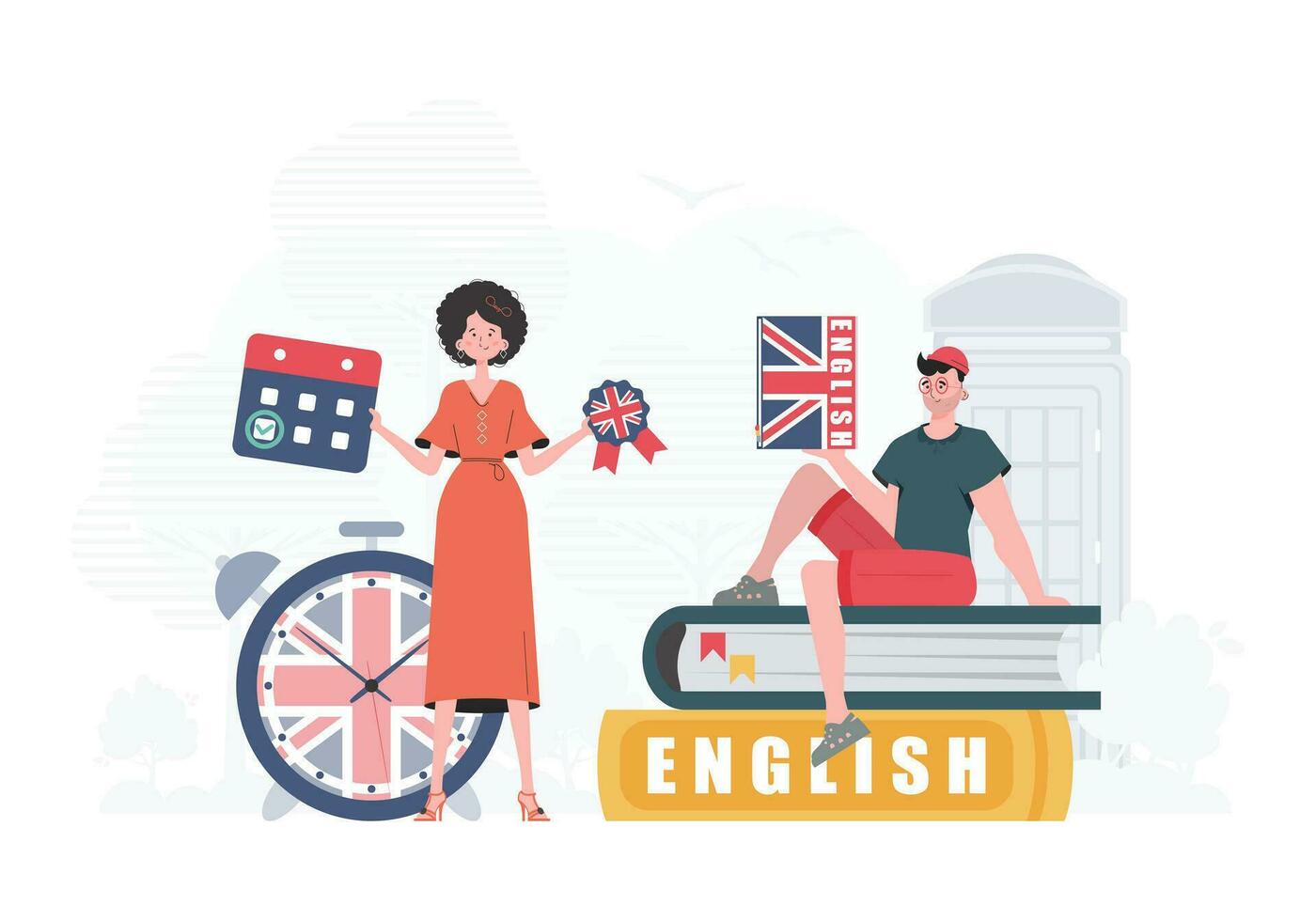 il concetto di apprendimento inglese. donna e uomo inglese insegnanti. di moda piatto stile. vettore. vettore