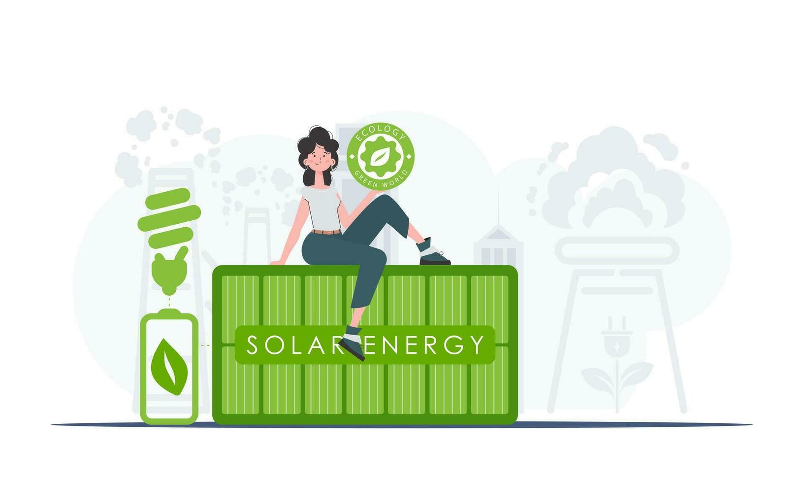 il concetto di ecologia e verde energia. un' donna si siede su un' solare pannello e detiene il eco logo nel sua mani. alla moda, di moda stile. vettore. vettore
