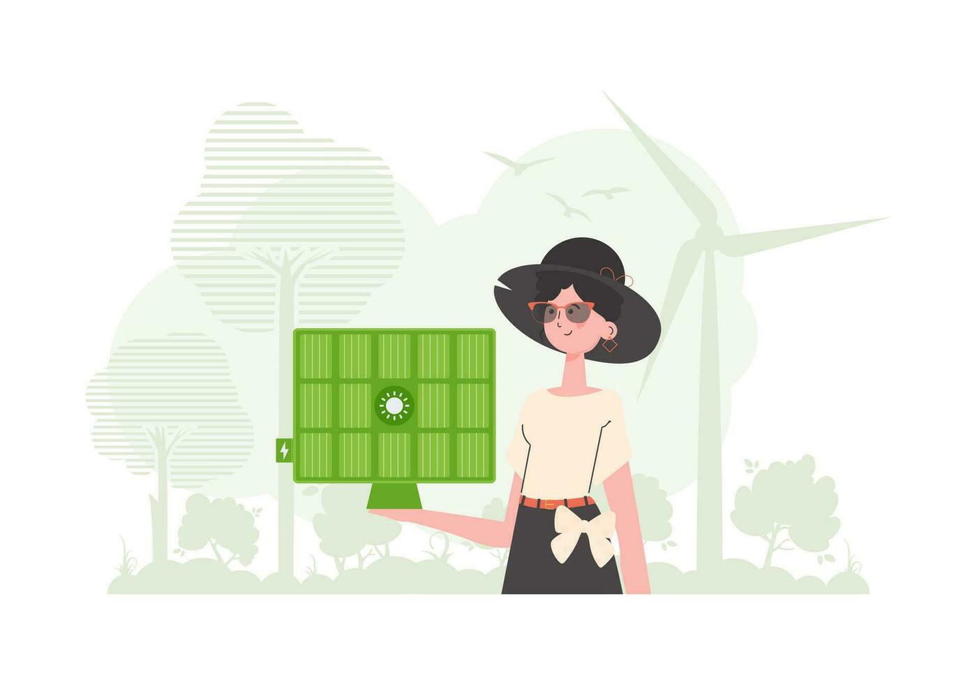 eco energia concetto. il ragazza detiene un' solare pannello nel sua mano. di moda stile. vettore illustrazione.