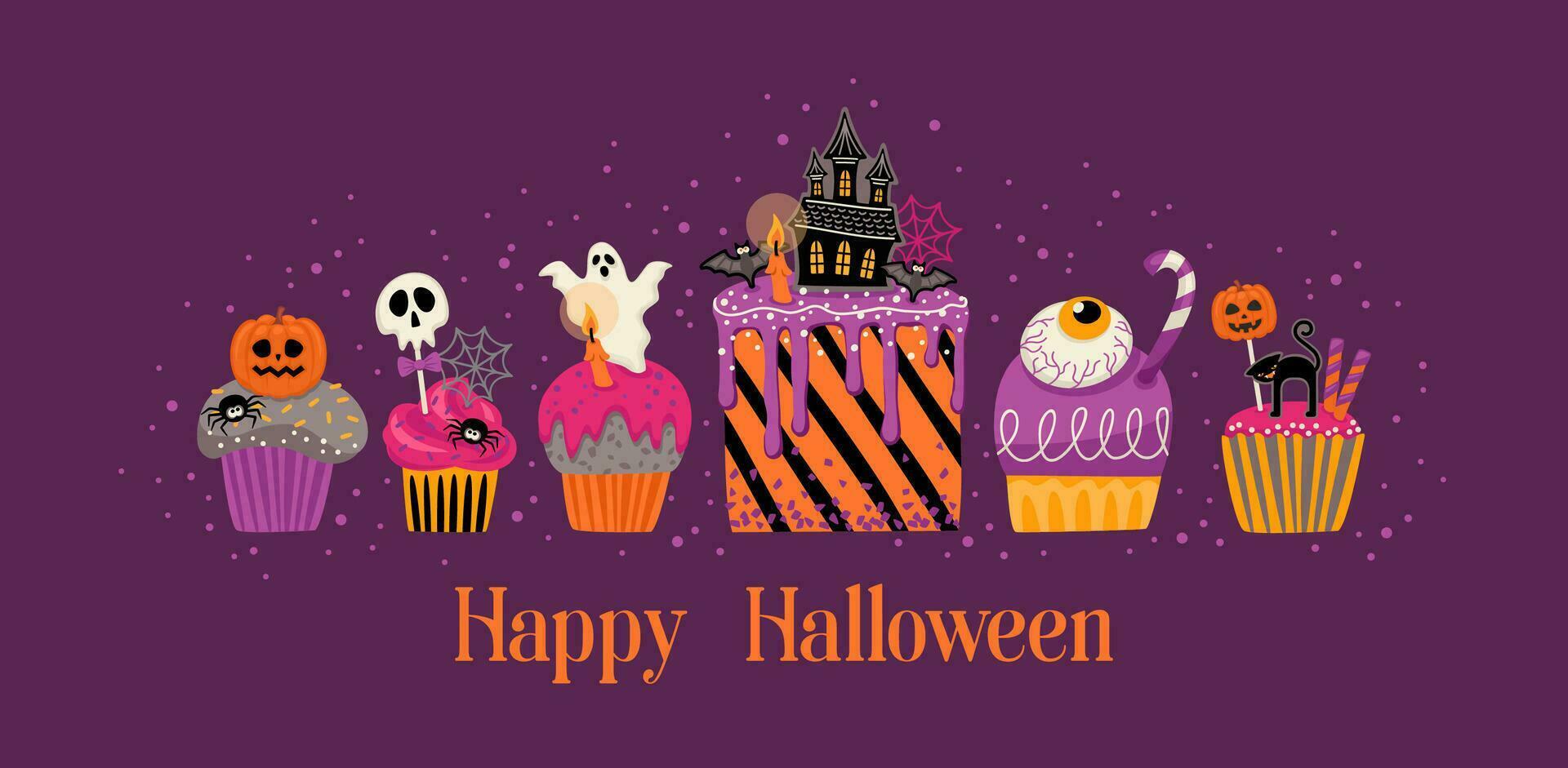 Halloween illustrazione. decorato cupcakes, muffin, pasticcini, dolci, caramelle. vettore design