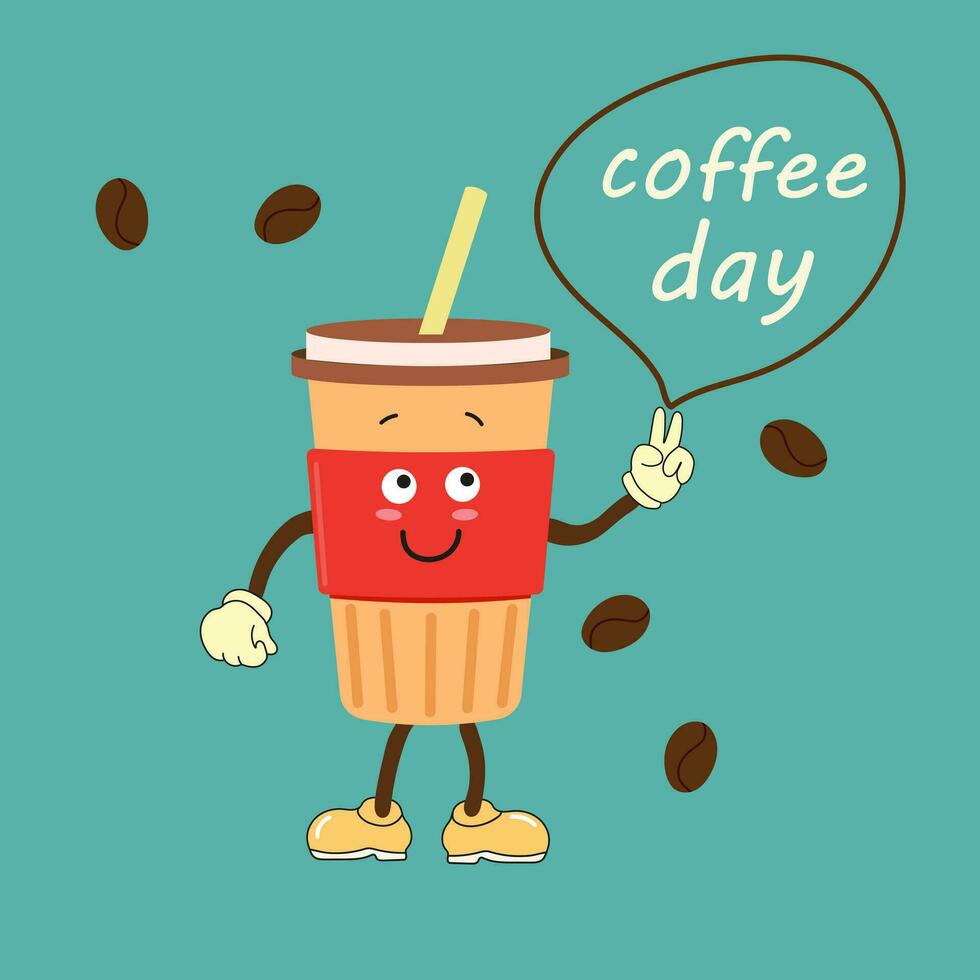 internazionale caffè giorno grafico illustrazione con carino caffè tazza personaggio e saluto testo isolato su verde sfondo.caffè giorno cartone animato manifesto, volantino, etichetta adesivo, striscione vettore